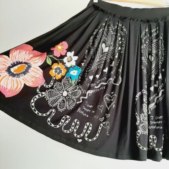 DESIGUAL \ Pleated Pull-On Elastic Waist Soft Knee Length Skirt Floral Black M - Picture 5 of 15